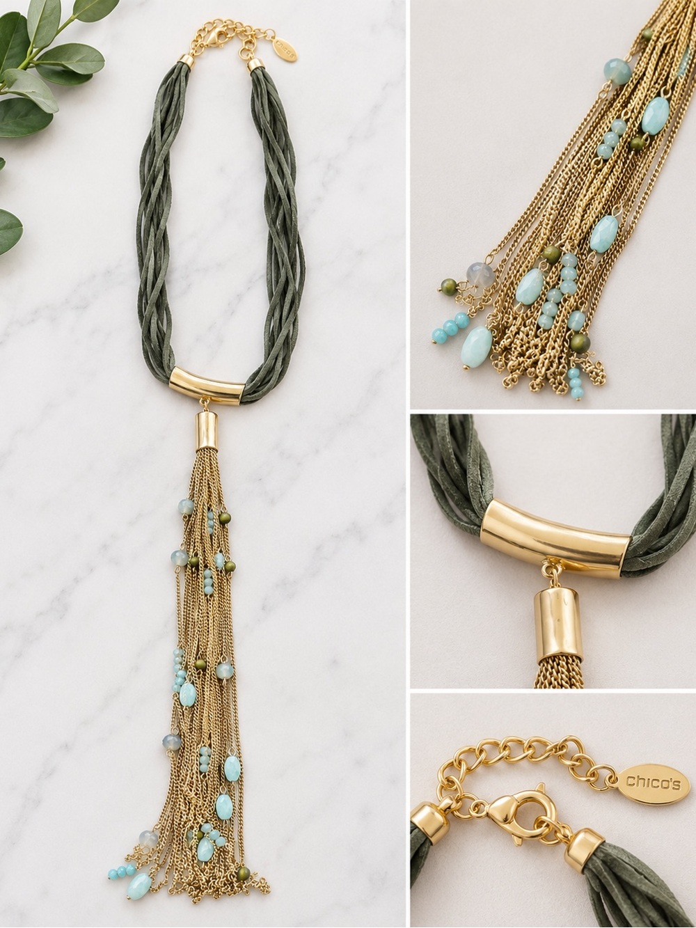 Chico's Olive and Aqua Multi-Strand Tassel Necklace with Gold Accents